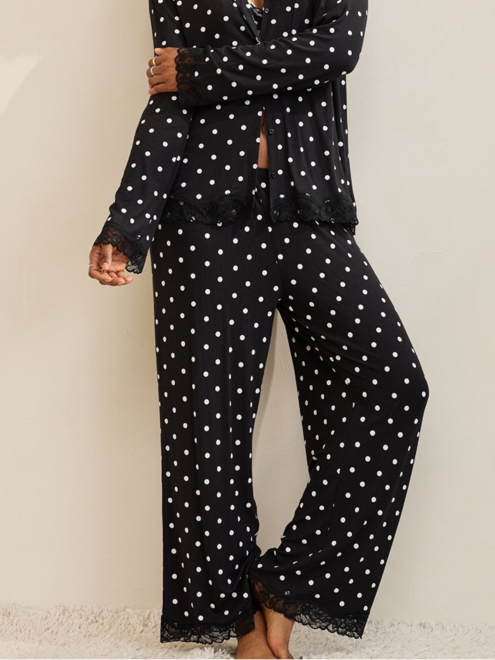 Aerie Real Soft Rib Trousers PJ Black and White Polka Dot Lounge Pants, Size L